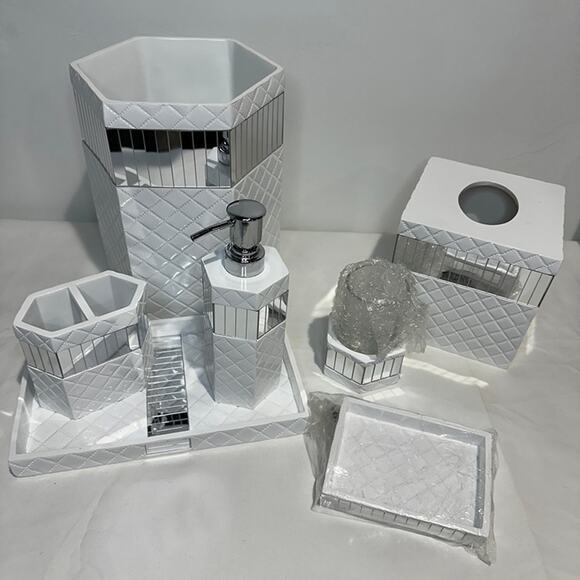 Other - 7 Piece Quilted Mirror White Bathroom Accessories Set, Trash, Tissue Cover, Soap